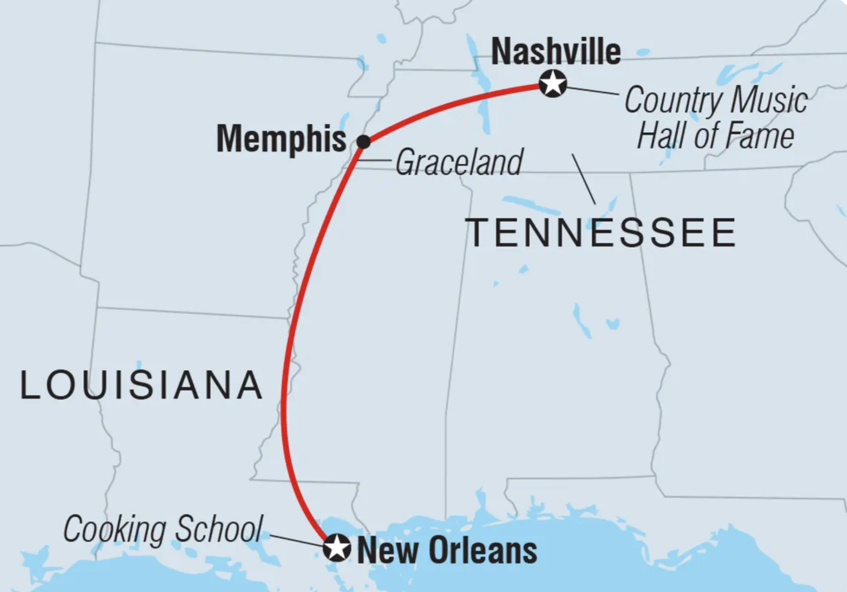 Intrepid Tours Map Photo of Tennessee to New Orleans Tour